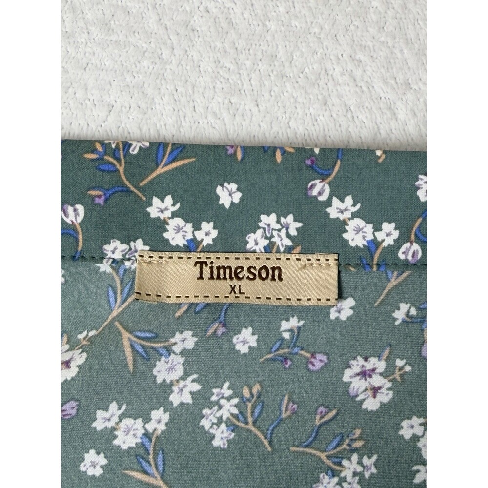 Timeson XL Sage Green Ditsy Floral Short Sleeve Blouse Open Collar EUC - Picture 4 of 5